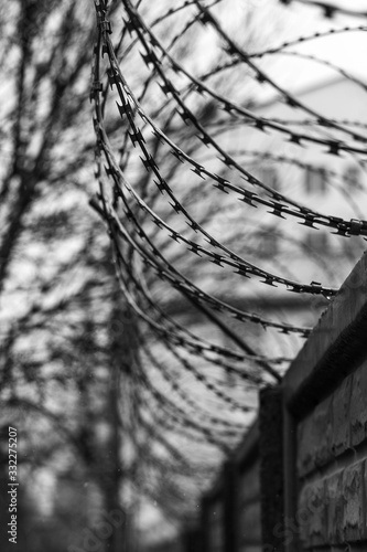 Monochrome photo of detail of barbed wire. Steel border. Prison, military or quarantine concept photo