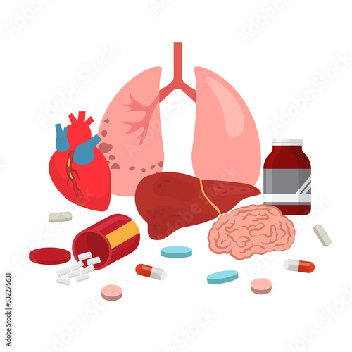 Pharmaceuticals medicaments for various organs of human body treatment illustration. Heart, lungs, liver, brain. Pills, tablets, drugs, medicines, vitamins in bottles jars.