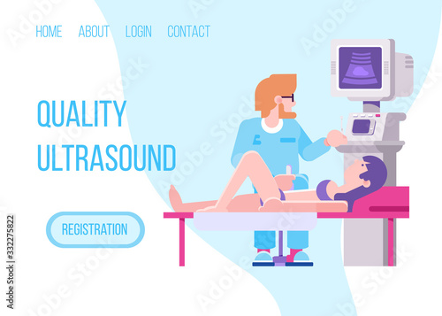 Doctor with ultrasonic medical scanner diagnoses patient health vector illustration website. Woman lie on bed in clinic or hospital near monitor of ultrasound. Internet page banner.
