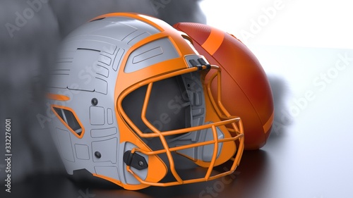 American football Gray-Orange helmet and Blown-Orange Ball with dark black toned foggy smoke under black-white laser lighting. 3D illustration. 3D high quality rendering.