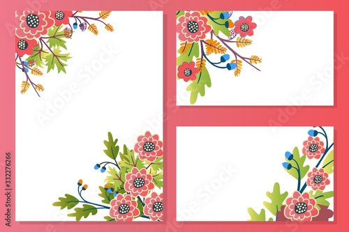 Vector floral cards set with spring flowers peony, hydrangea, rose cartoon ve...