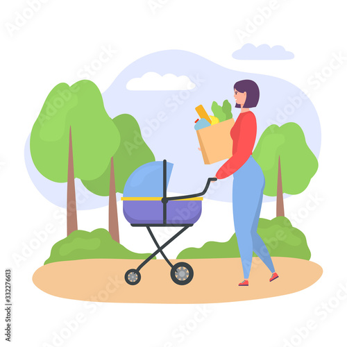 Casual woman, mother walking with her baby in stroller, woman pushing pram with newborn child and bags of food isolated on white vector illustration. Modern motherhood, casual woman concept.