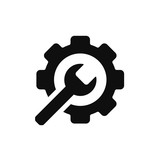 Service tools icon. Gear and wrench on white background. Vector illustration.