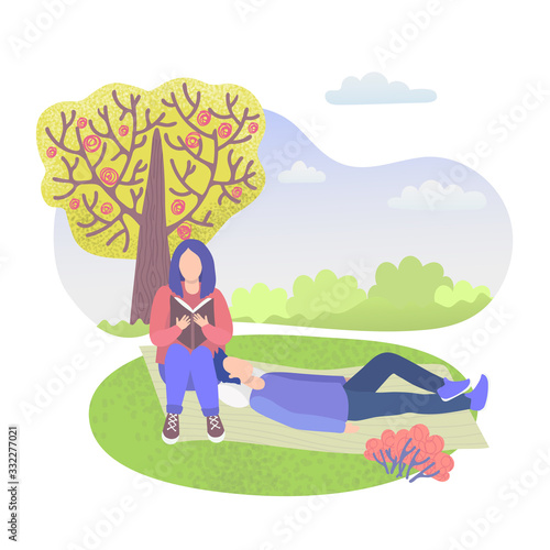 City park character couple, girl sitting and reading book and boy relaxing on grass isolated on white flat vector illustration. People rest outdoors in summer urban park over cityscape. © creativeteam