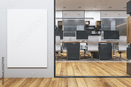 Minimalistic office in loft style with blank poster © Who is Danny