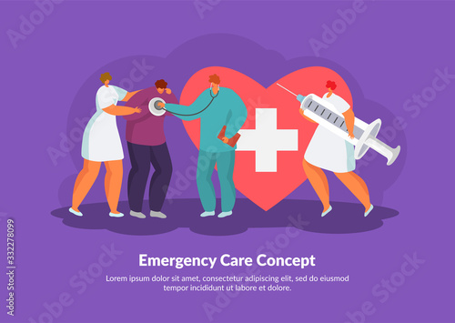 Emergency care heart attack treatment by doctors, medical rescue vector illustration. People doing cardiac surgery, prevent infarction or attack. Emergent medicine, healthcare. Emerging medical help.