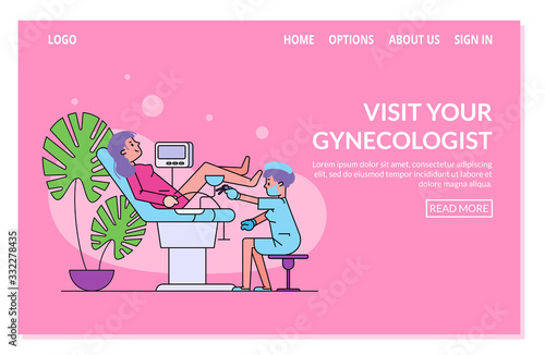 Gynecological examination line art vector illustration for website template. Gynecologist doctor examining woman lying in gynecologic chair. Cervix checkup screening appointment in clinic, webpage.