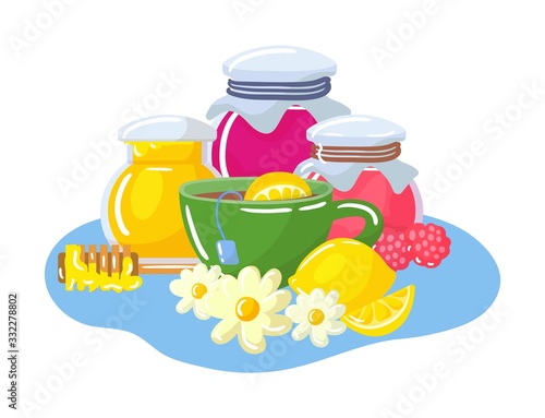 Home treatment for flu and virus isolated on white vector illustrations of cold taking care honey, chamomilla flowers and raspberry jam, lemon vitamin c. Homemade herbal tea ingredients.