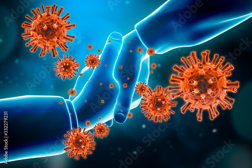Shaking hands spreads virus concept. Epidemic, pandemic, hygiene, viral and contagious and infectious communicable disease conceptual 3d rendering illustration. photo