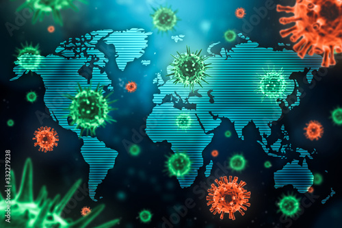Viral epidemic or pandemic spreading around the world concept with microscopic virus cells and the world map. Healthcare, medical, global contagion and communicable disease 3d rendering illustration. photo