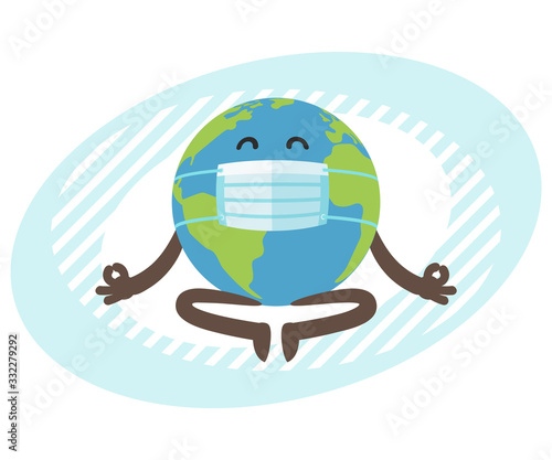 Planet Earth character with medical mask meditating. Gobe relax in lotus yoga pose.