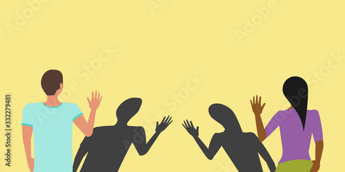 Social distancing greeting concept vector where two people avoid handshakes and keep their distance but their shadows almost touch to prevent spread of COVID-19