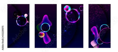 Fototapeta Naklejka Na Ścianę i Meble -  Set of banner style of cosmos universe stars galaxy dark blue 3d futuristic study trip. Background modern starry sky glowing abstraction planet neon