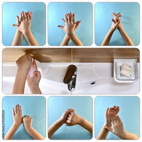 Step-by-step instructions of hygienic hand washing with soap.