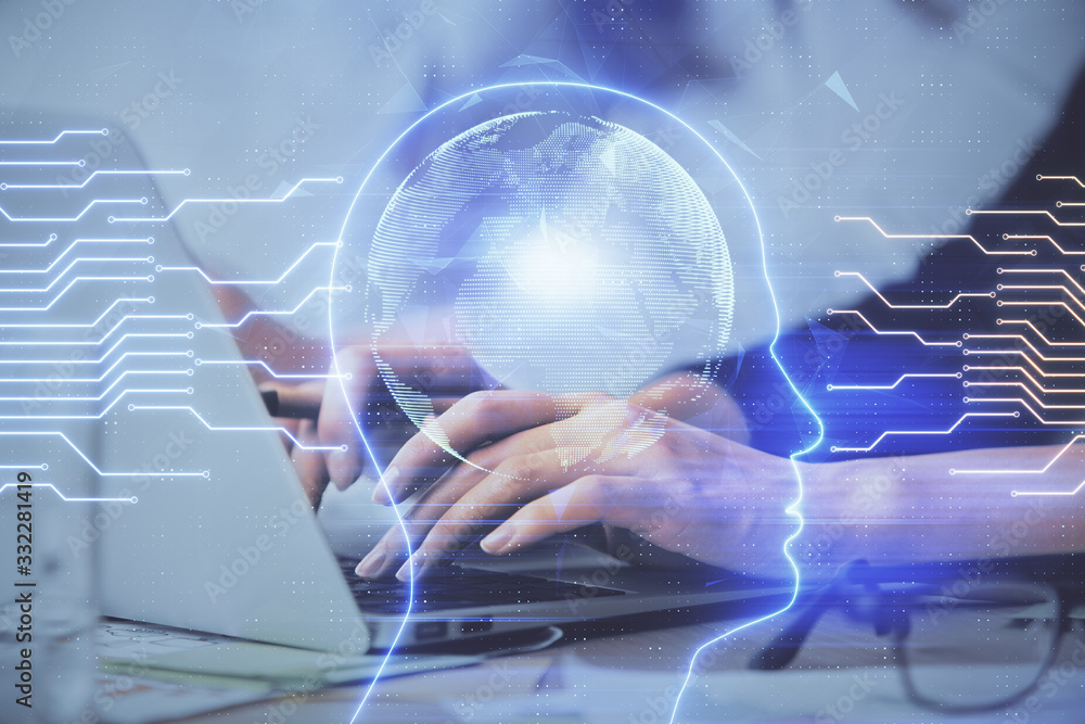 Multi exposure of woman hands working on computer and brain hologram drawing. Ai concept. Multi exposure of woman hands working on computer and brain hologram drawing. Ai concept.