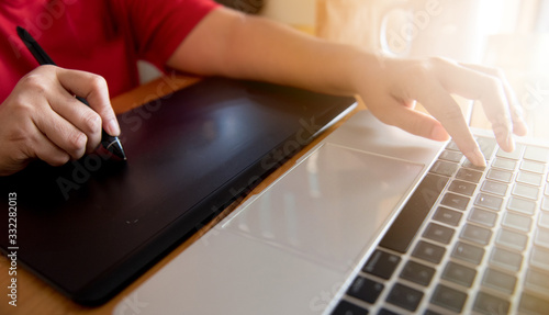 Woman working at home The reasons for closing offices due to epidemics Epidemics, CoronaVirus, Covid-19. Work online, send information and product lists, use laptops, online shopping concepts.