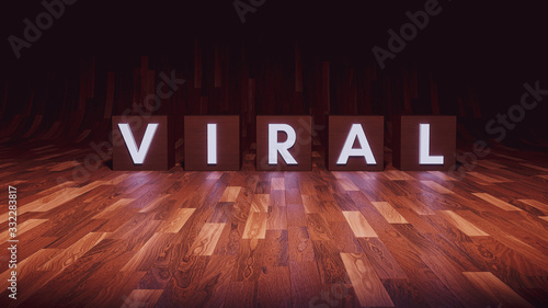 Glowing alphabet blocks spelling viral on a wooden background with space for text