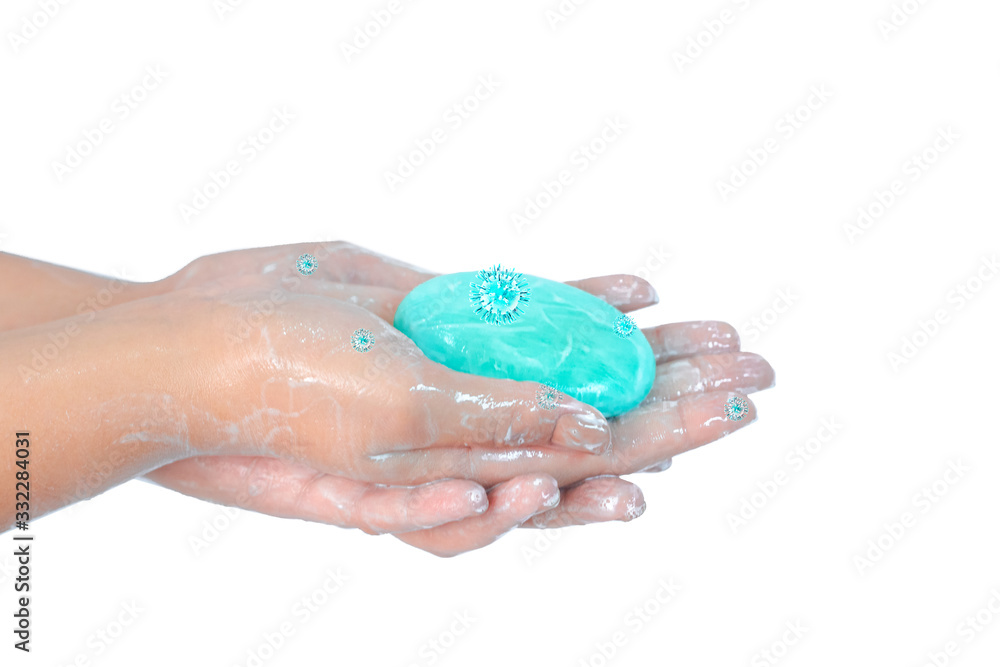 Close up of washing hands with soap with blue corona virus isolated on white background. Coronavirus prevention hand hygiene. Corona Virus pandemic protection by cleaning hands frequently. Close up of washing hands with soap with blue corona virus isolated on white background. Coronavirus prevention hand hygiene. Corona Virus pandemic protection by cleaning hands frequently.