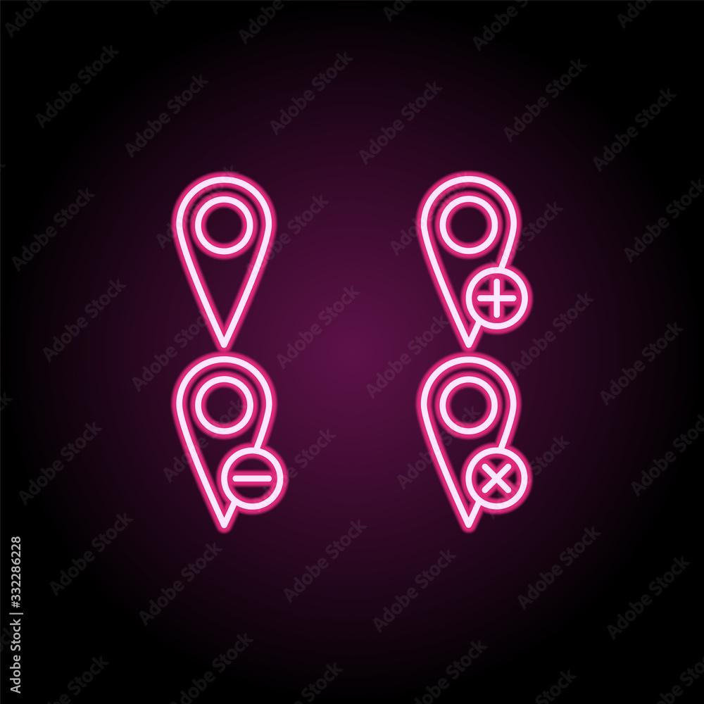 Fototapeta premium Map, pin, plus, remove, minus sign neon icon. Simple thin line, outline vector of web icons for ui and ux, website or mobile application