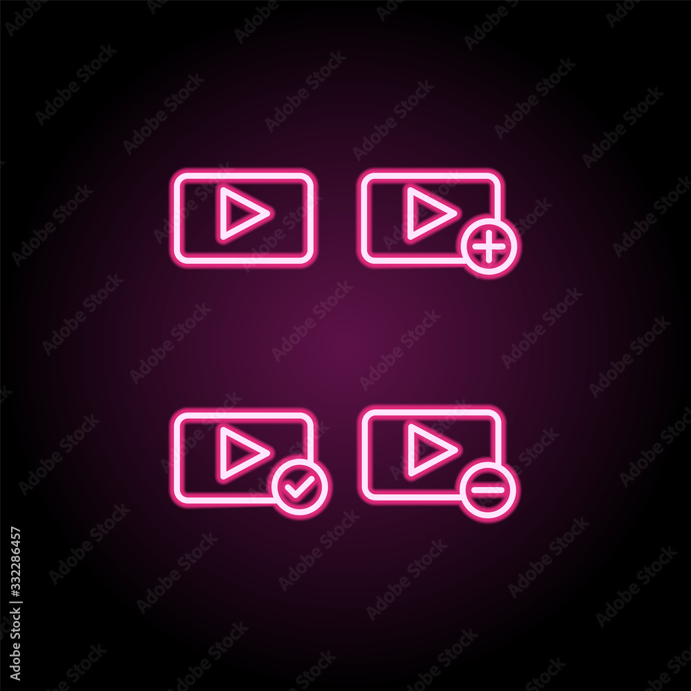 Media, player, plus, check, minus sign neon icon. Simple thin line, outline vector of web icons for ui and ux, website or mobile application Media, player, plus, check, minus sign neon icon. Simple thin line, outline vector of web icons for ui and ux, website or mobile application