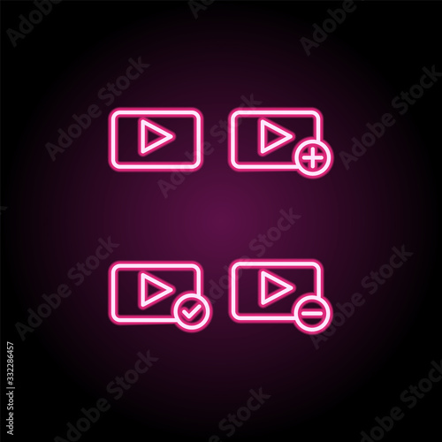 Media, player, plus, check, minus sign neon icon. Simple thin line, outline vector of web icons for ui and ux, website or mobile application