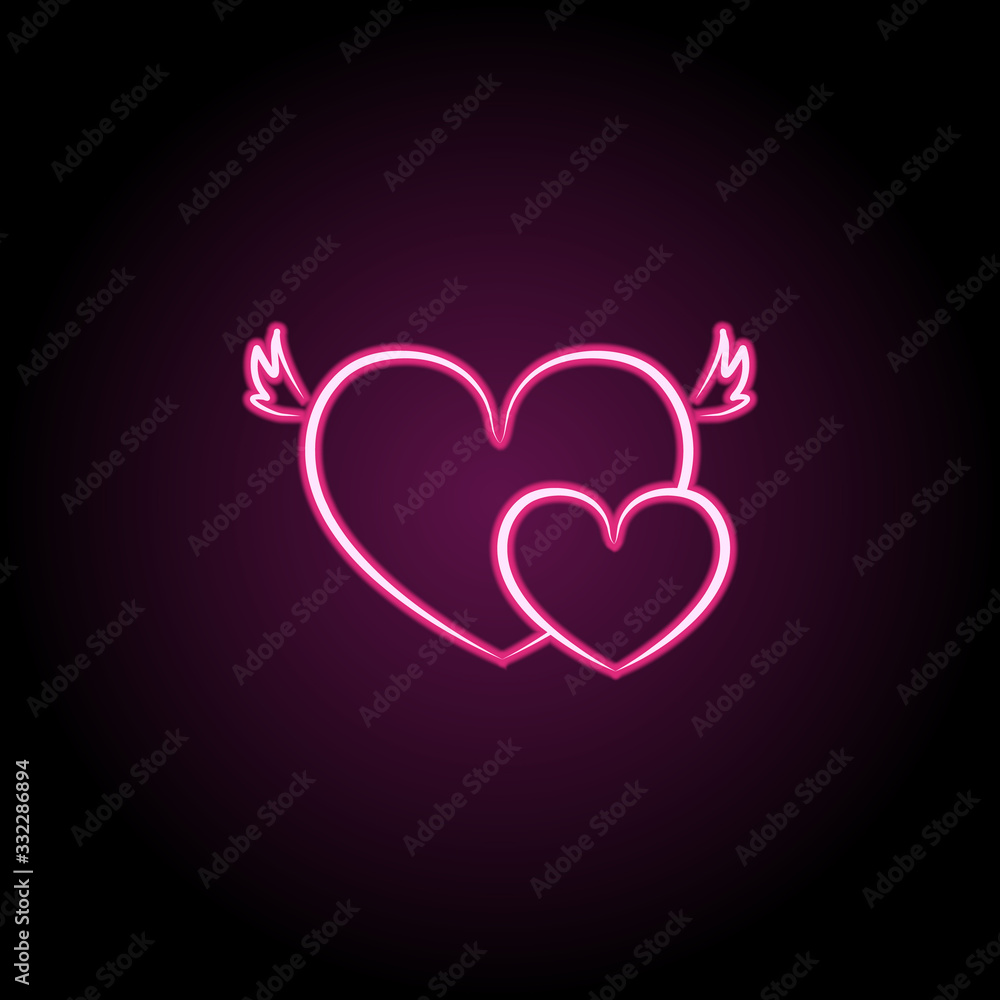 Hearts with wings neon icon. Simple thin line, outline vector of wedding icons for ui and ux, website or mobile application Hearts with wings neon icon. Simple thin line, outline vector of wedding icons for ui and ux, website or mobile application