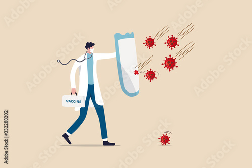 Fight and protect COVID-19 Coronavirus outbreak concept, Doctor wearing sanitary mask with stethoscope holding protective shield and vaccine box to protect from COVID-19 coronavirus pathogens.