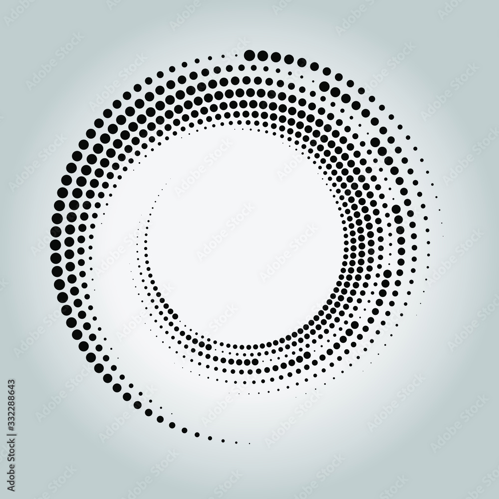 Black different halftone dots in circle form. Geometric art. Trendy design element for border frame, logo, tattoo, sign, symbol, web pages, prints, posters, template, pattern and abstract background 