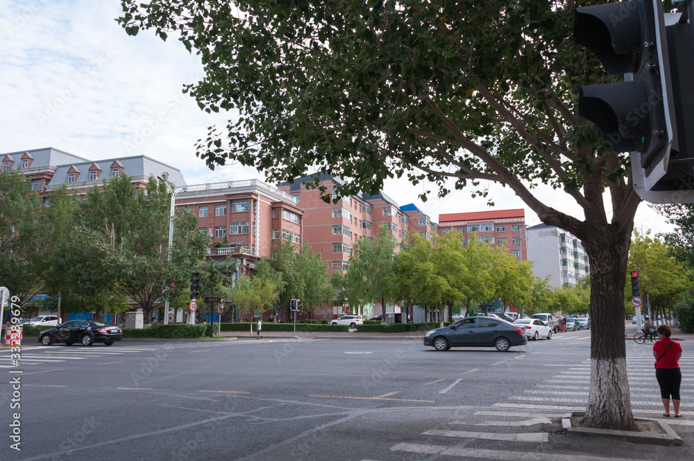 Fototapeta premium China, Heihe, July 2019: Roadway with pedestrian crossings on the streets of the Chinese city of Heihe in the summer