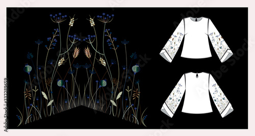 Wild flowers and grass in the field at night, embroidery blouse design vector. Тechnical clothing sketch.