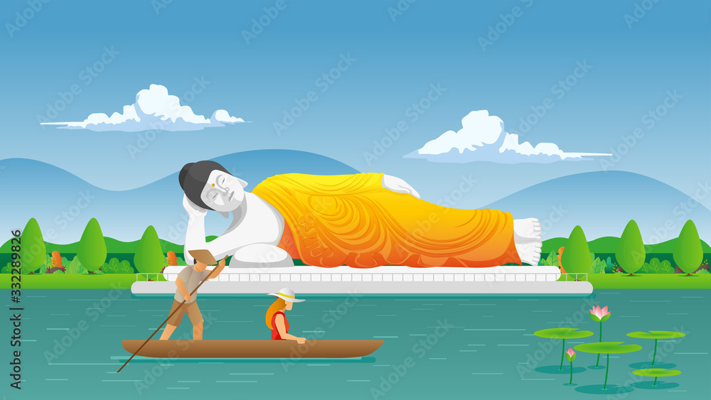 sleeping buddha statue with tourist riding traditional boat