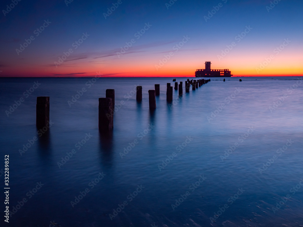 German's Torpedo Station, ruins from World War 2 at the sunrise. Long exposure photography. Gdynia Poland 