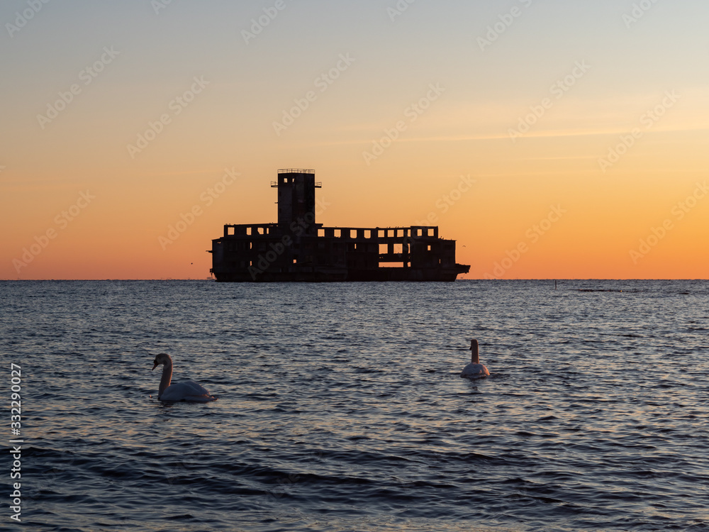 German's Torpedo Station, ruins from World War 2 at the sunrise. Gdynia, Poland.