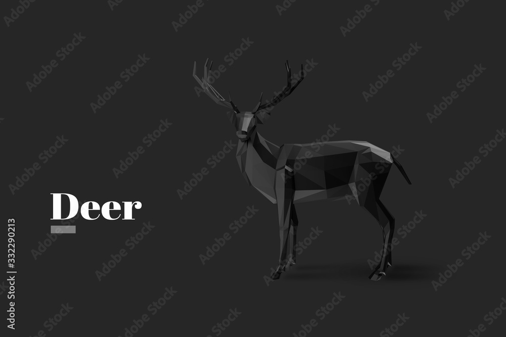 Fototapeta premium black deer 3d decoration for christmas and new year design. Vector Illustration, black background 