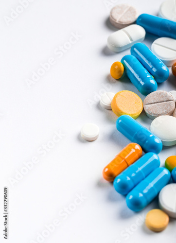 Assorted pharmaceutical medicine pills, tablets and capsules.Pills background.