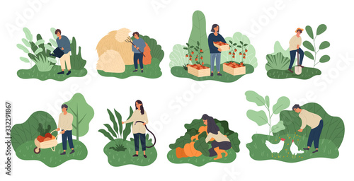 Set of eight different farming activities for a farmer and his wife tending to the crops and animals, vector illustration