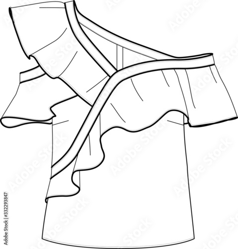 Fashion Flat Sketch, apparel template. Contrast Binding Ruffle One Shoulder TOP