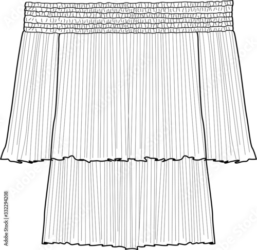 Blouse Design, Fashion Flat Sketch Template. Off The Shoulder pleated smock Top.