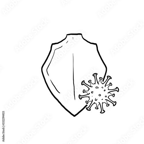 hand drawn virus protection concept with shield and virus cells on white background. Antibiotics, vaccination. Modern wireframe design vector illustration.doodle