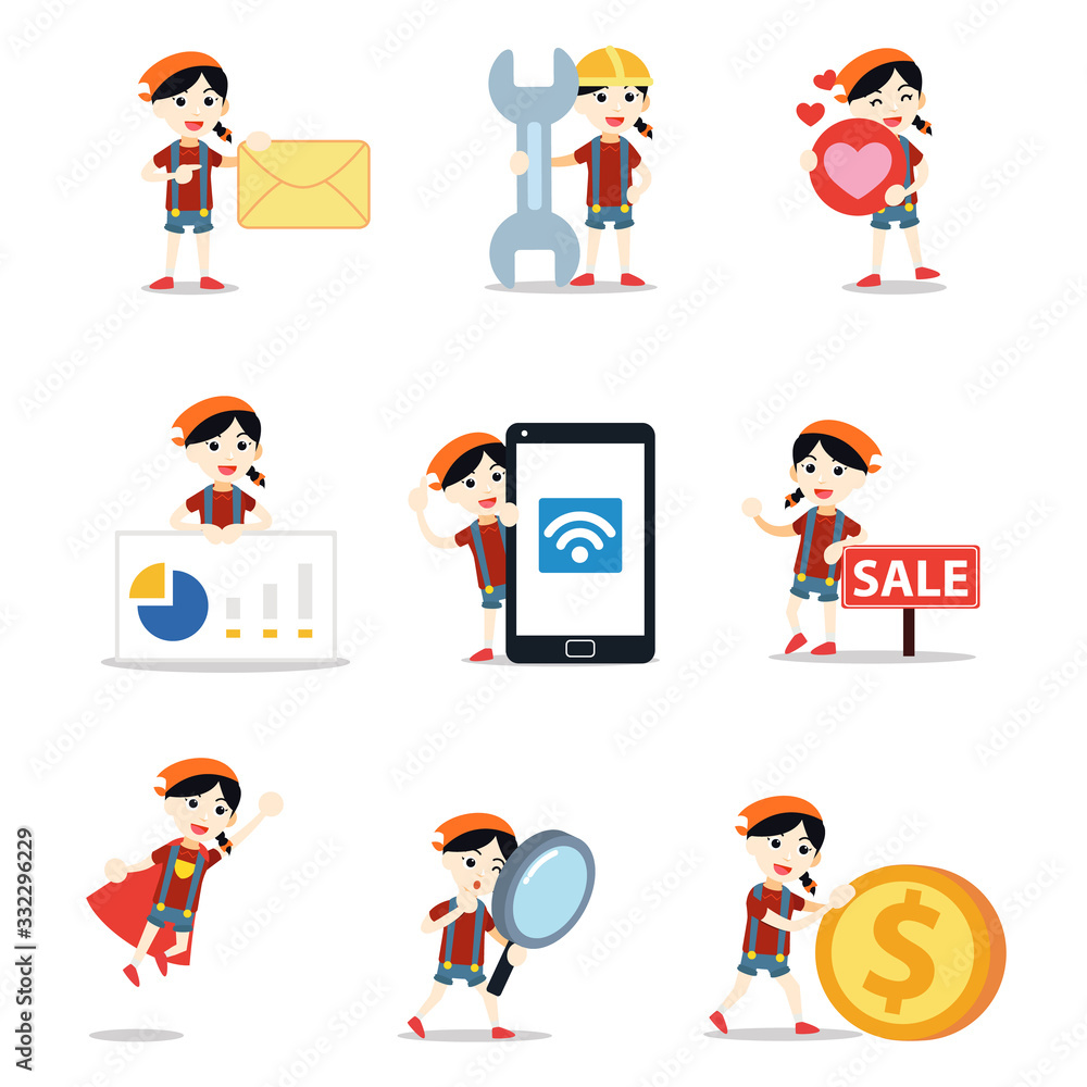 Set character of woman as lumberjack working with an electric chainsaw. Set character of woman as lumberjack working with an electric chainsaw.