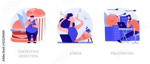 Obesity and unhealthy nutrition, anxiety and panic attack, psychological problem icons set. Overeating addiction, stress, frustration metaphors. Vector isolated concept metaphor illustrations