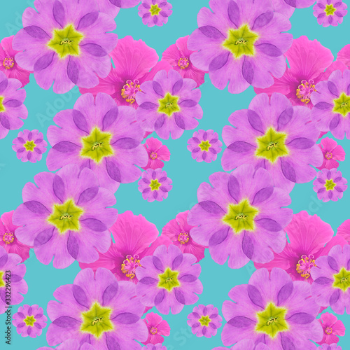 Hibiscus, primula, primrose. Illustration, texture of flowers. Seamless pattern for continuous replication. Floral background, photo collage for textile, cotton fabric. For use in wallpaper, covers