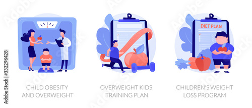 Unhealthy lifestyle, vegetarian diet icons set. Child obesity and overweight, overweight kids training plan, childrens weight loss program metaphors. Vector isolated concept metaphor illustrations photo