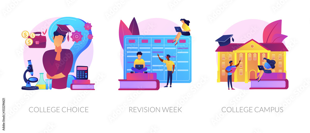 Fototapeta Important decision making, higher education institution choosing, student lifestyle icons set. College choice, revision week, college campus metaphors. Vector isolated concept metaphor illustrations