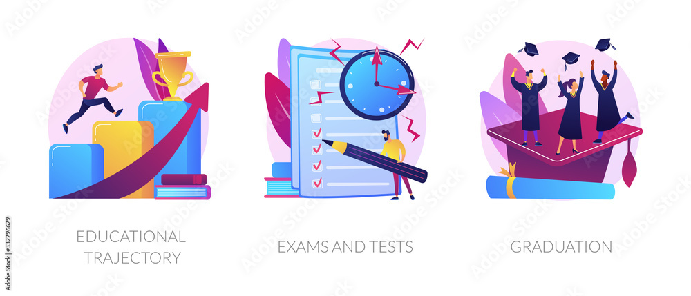 Personal growth, knowledge check, academic certificate obtaining icons set. Educational trajectory, exams and tests, graduation metaphors. Vector isolated concept metaphor illustrations Personal growth, knowledge check, academic certificate obtaining icons set. Educational trajectory, exams and tests, graduation metaphors. Vector isolated concept metaphor illustrations