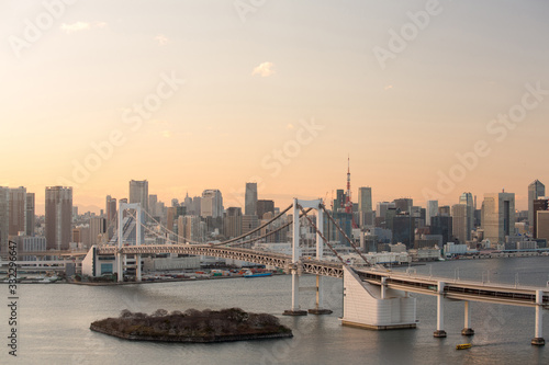 Sunset view of Tokyo Bay , Rainbow bridge and Tokyo Tower landmark