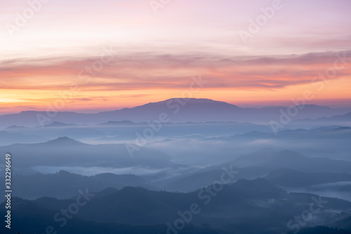  Landscape of Sunrise and sea of clouds over mountains layer District Mae Hong Son, THAILAND.