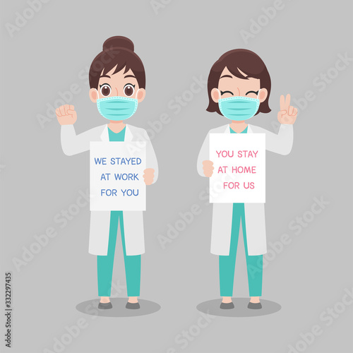 We stay at work for you. You stay at home for us. Set of Doctor wear face mask surgical protective Medical mask for prevent virus. Social distance. Protect yourself. Health care concept.