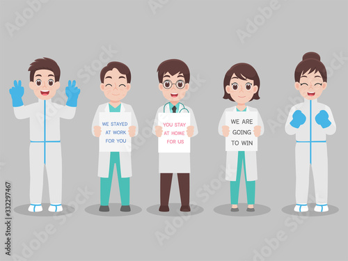 Tired Doctors in personal protective suit wear a surgical protective Medical mask for prevent virus said We stay at work for you. You stay at home for us. Wrinkles on face. Social distance.