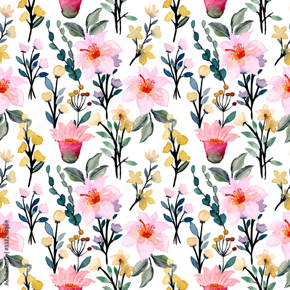 pink yellow flower watercolor seamless pattern